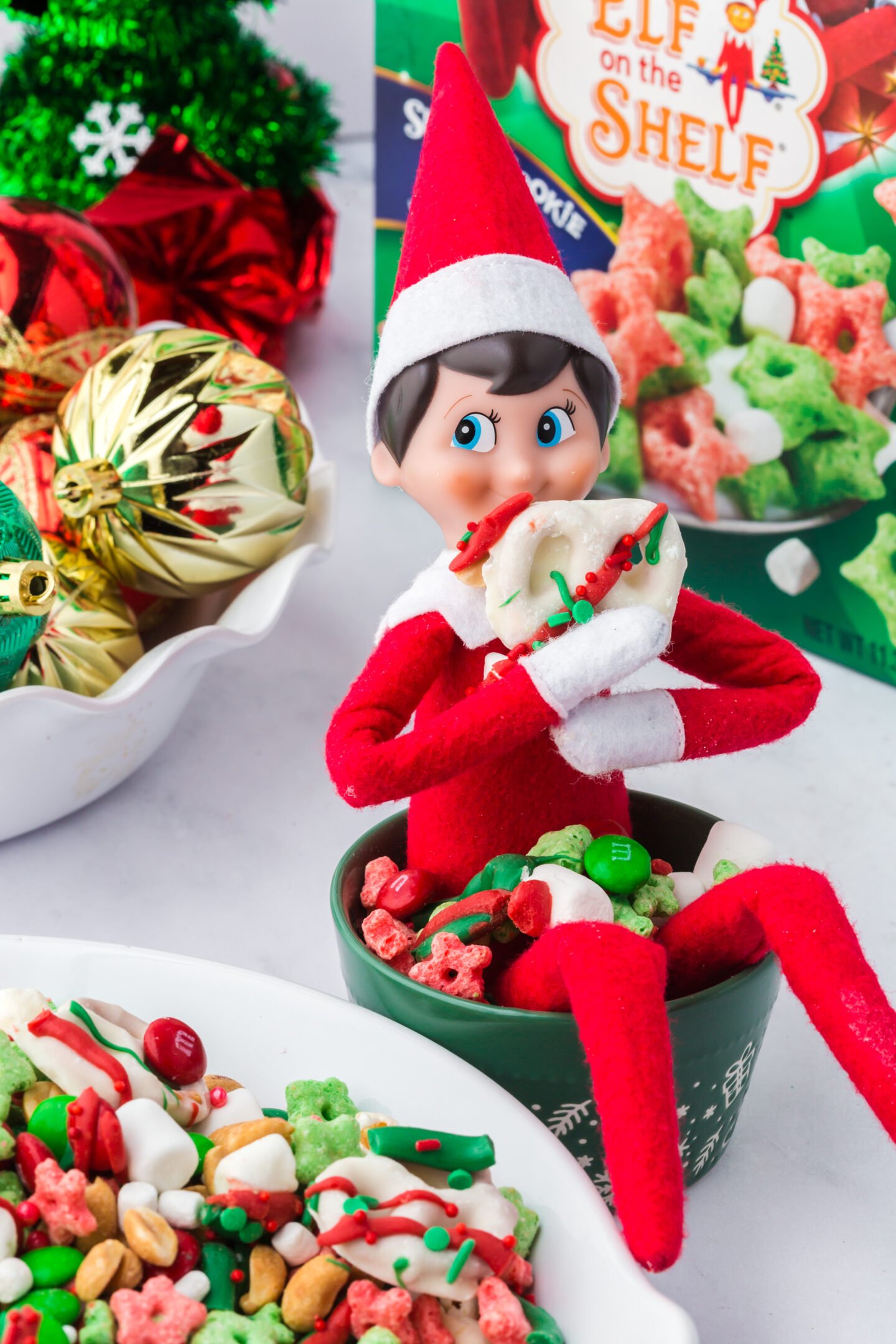 Elf on the Shelf snack surprise with colorful holiday munch mix