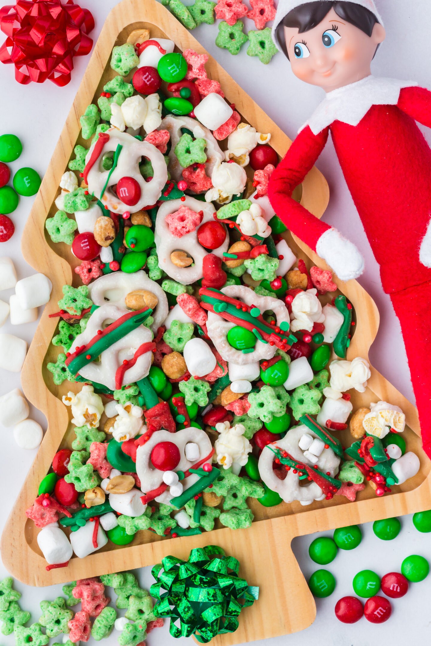 Elf on the Shelf Mischief Munch Christmas snack mix with popcorn, pretzels, marshmallows, and holiday candy
