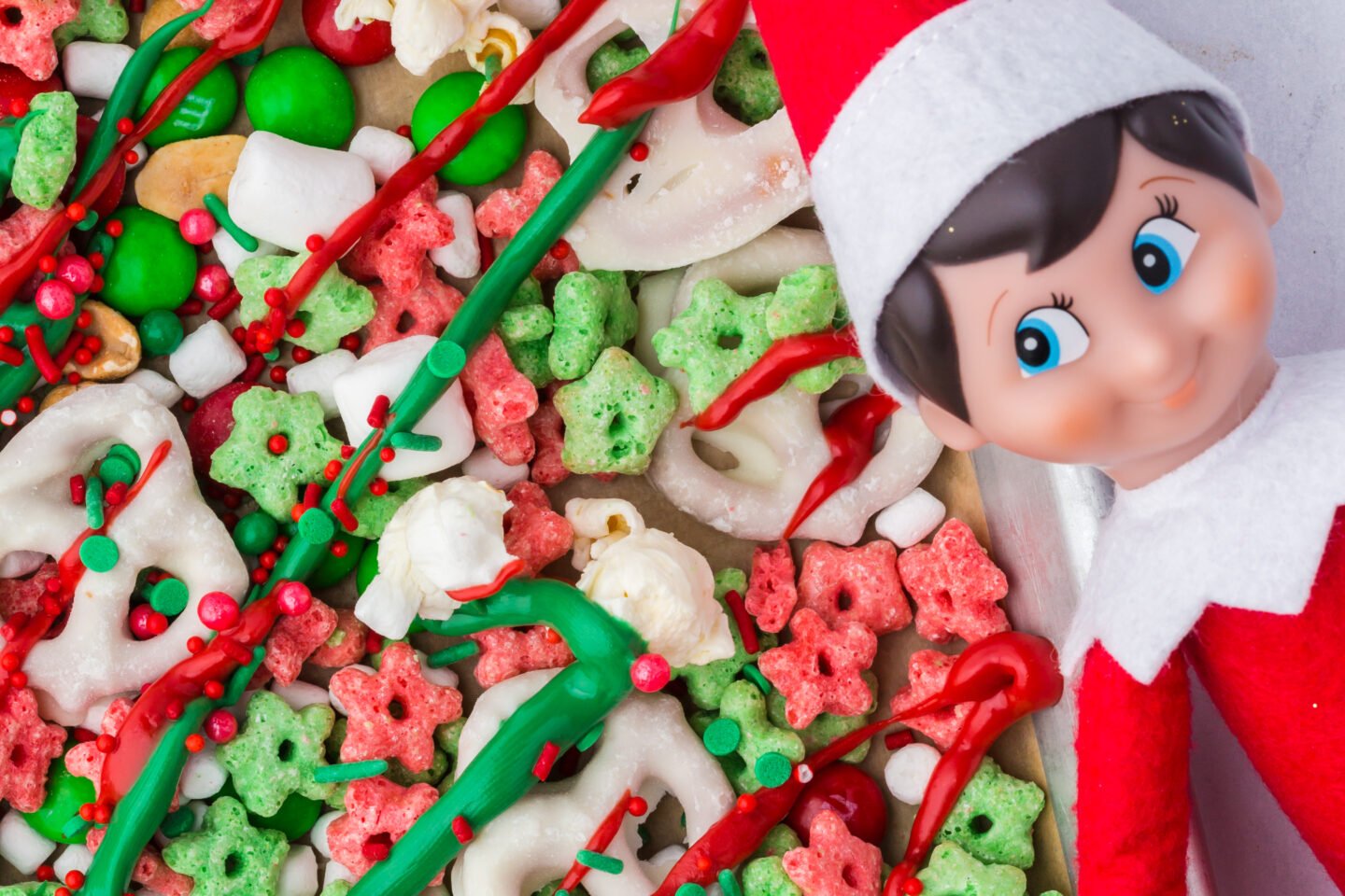 Christmas movie night snack mix with Elf on the Shelf theme