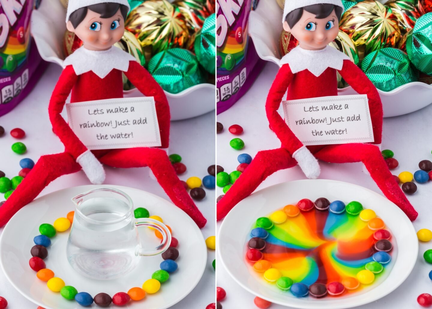 Elf on the Shelf Skittles rainbow experiment