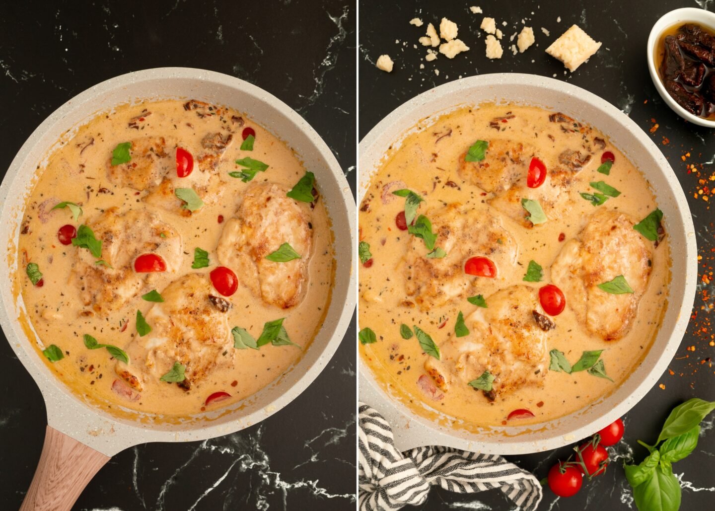 cherry tomatoes and fresh basil on top of Marry Me Chicken 