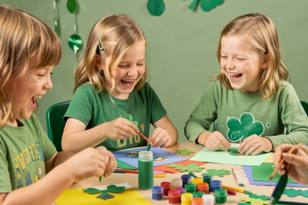 kids making St. Patrick’s Day crafts with paper shamrocks and rainbow decorations