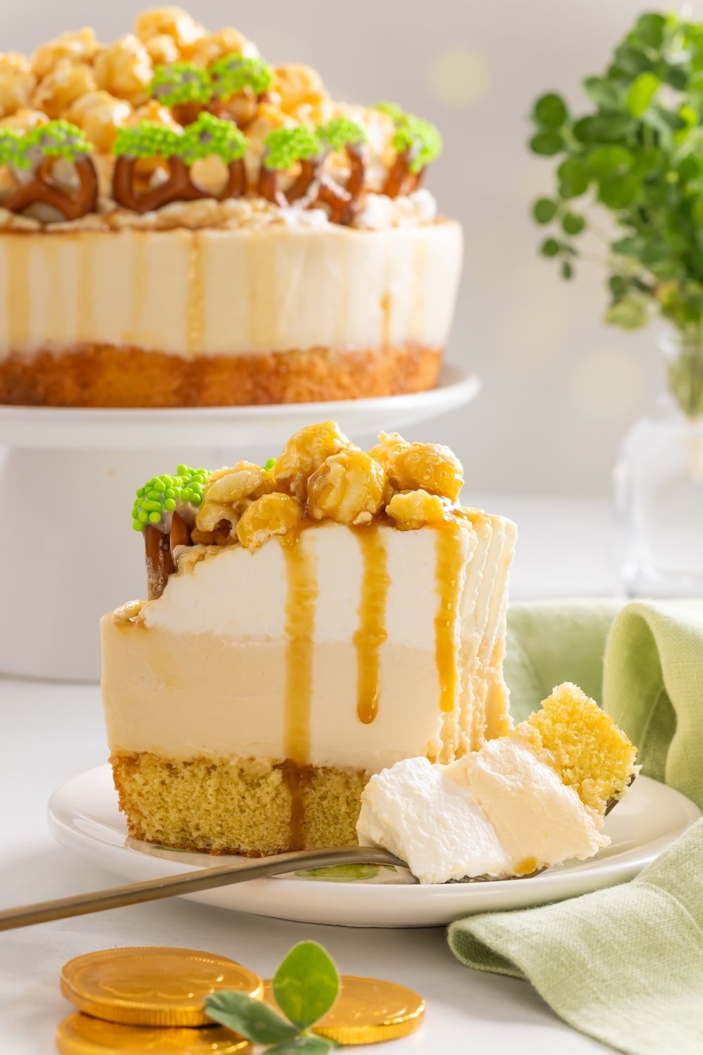 Slice of No-Bake Baileys Cheesecake showing creamy mascarpone filling