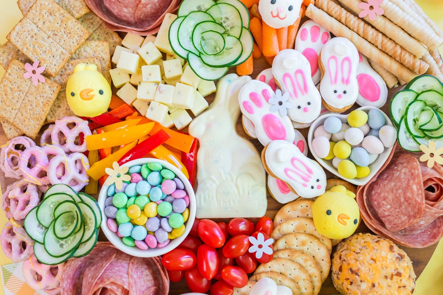 Easter candy section with mini eggs marshmallows and chocolate pretzels