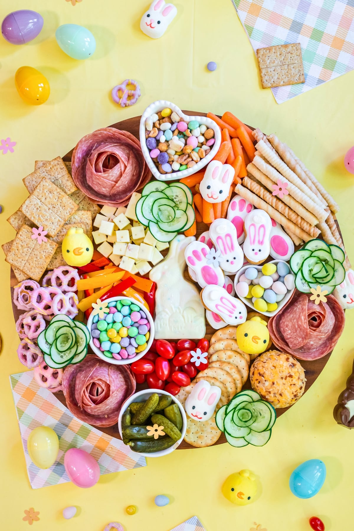 finished Easter snack board for brunch or party table