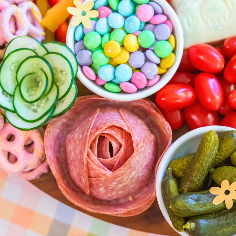 salami roses on charcuterie board for Easter snack board
