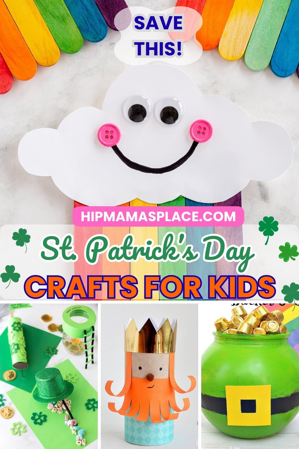 St. Patrick’s Day crafts for kids collage featuring rainbow shamrock and leprechaun craft ideas