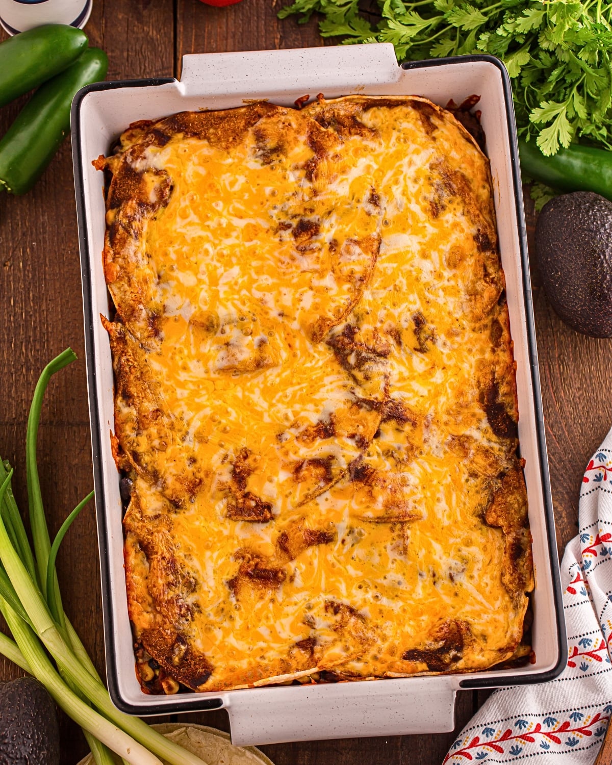 Mexican casserole baked with melted golden cheese on top