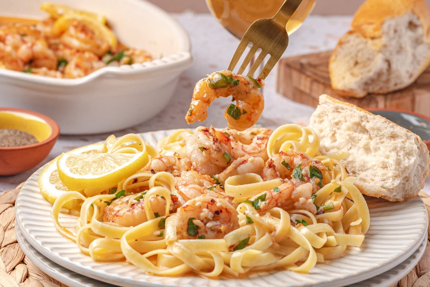 close up garlic butter shrimp on fork showing juicy texture