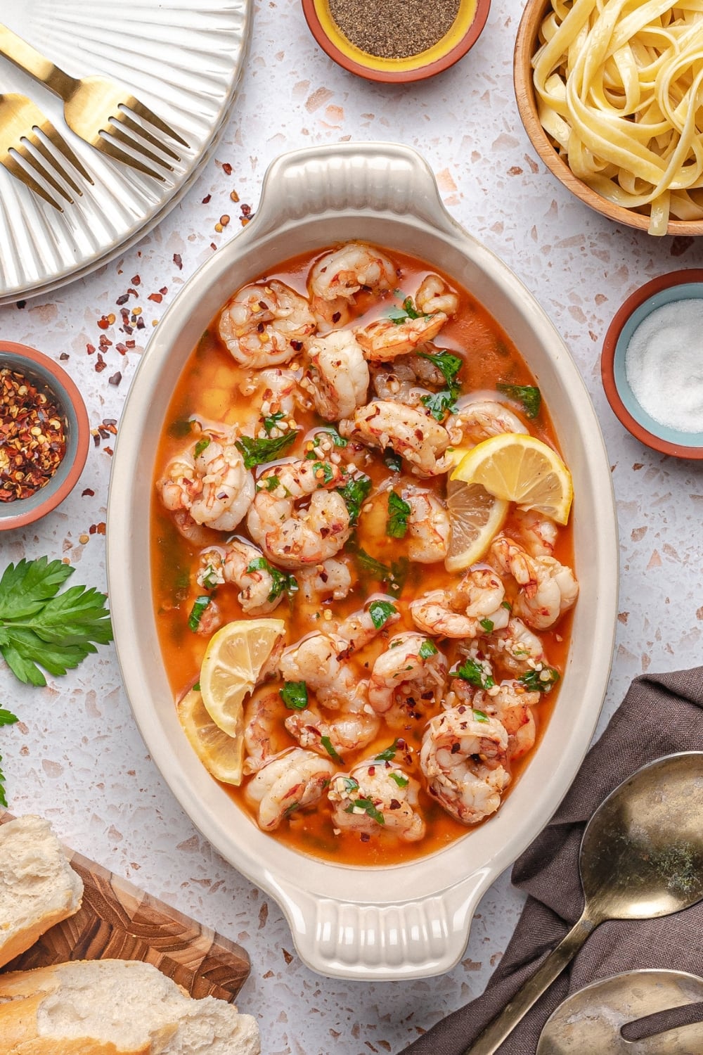 garlic butter shrimp served in large white bowl