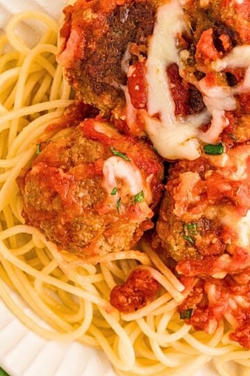 Cottage Cheese Turkey Meatballs baked in marinara sauce and topped with melted mozzarella cheese for a high protein, low carb family dinner