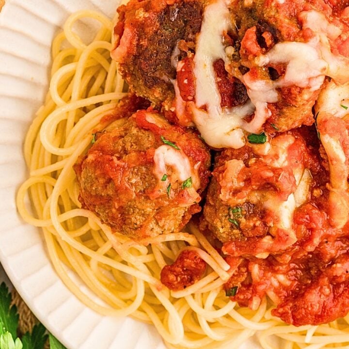 Cottage Cheese Turkey Meatballs baked in marinara sauce and topped with melted mozzarella cheese for a high protein, low carb family dinner