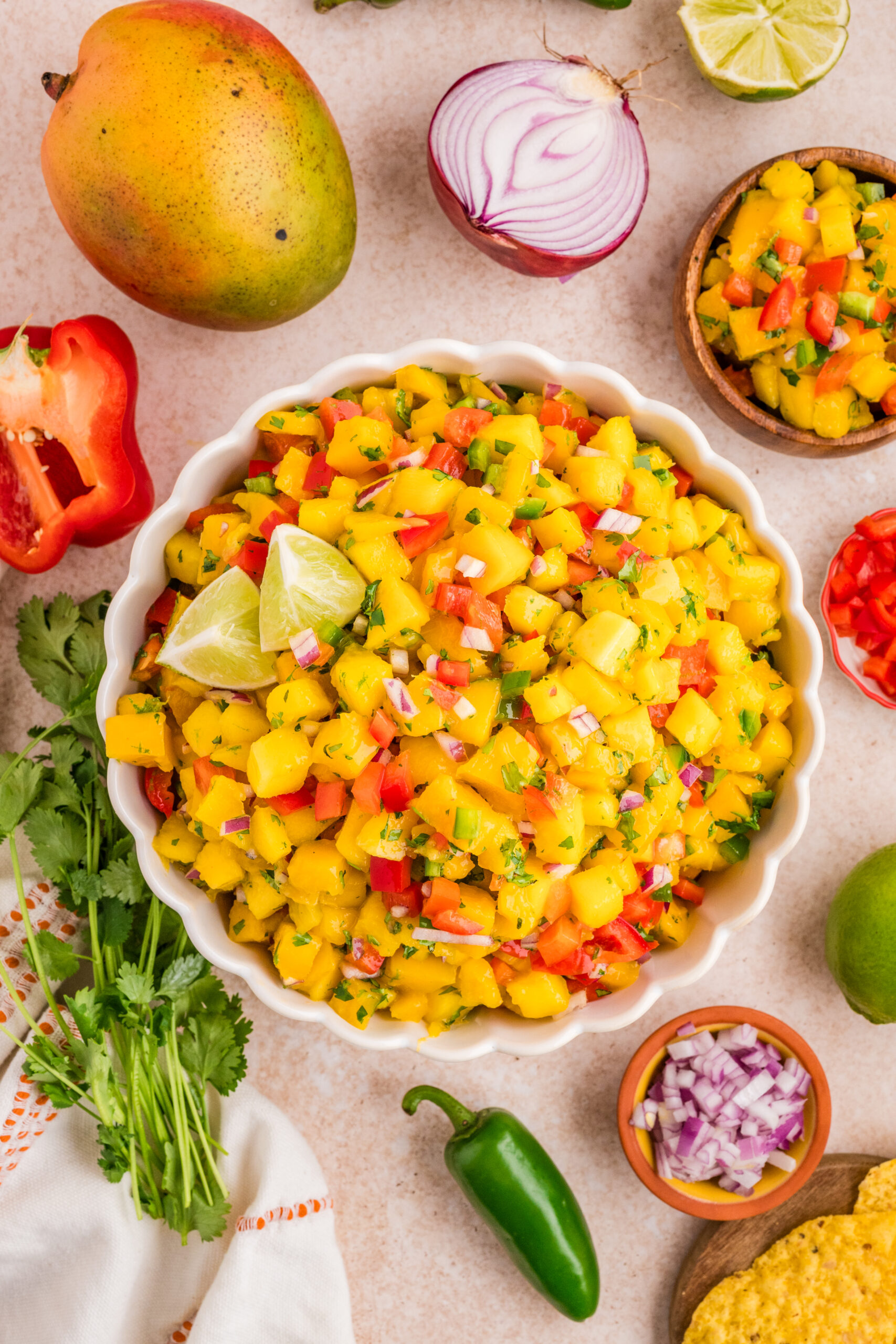 Fresh sweet and spicy mango salsa in a white serving bowl