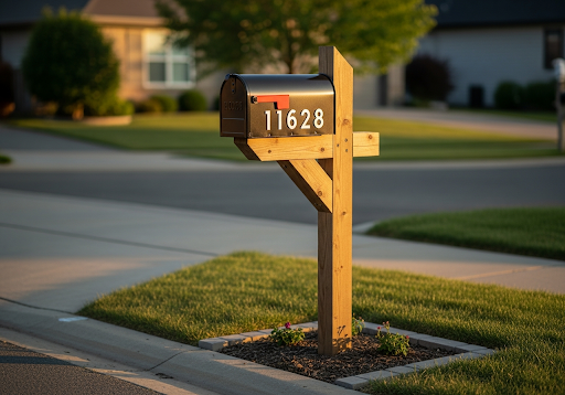 Home mailbox installed at the correct height with a wooden mailbox post beside a residential street